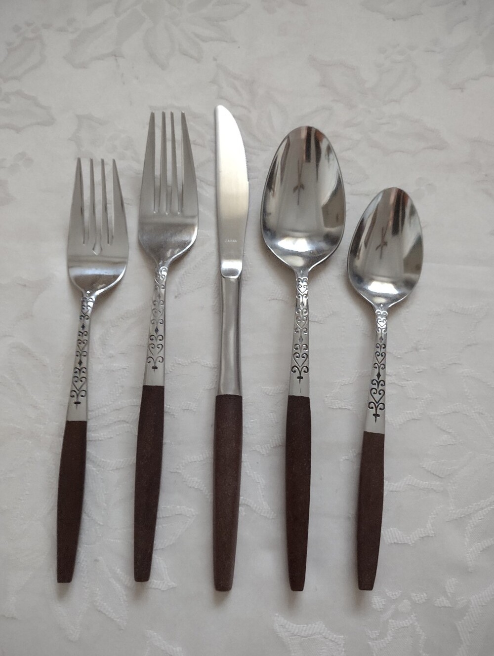 Interpur Japan Stainless Steel Brown Handle 5 Piece Set Etched Scrolls
